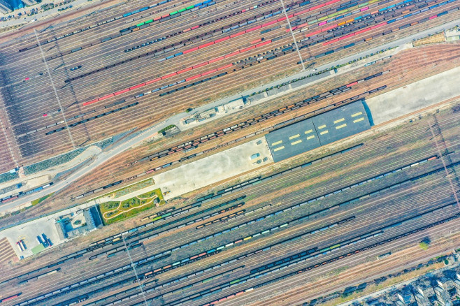 Aerial View Of Colorful Freight Trains In North China