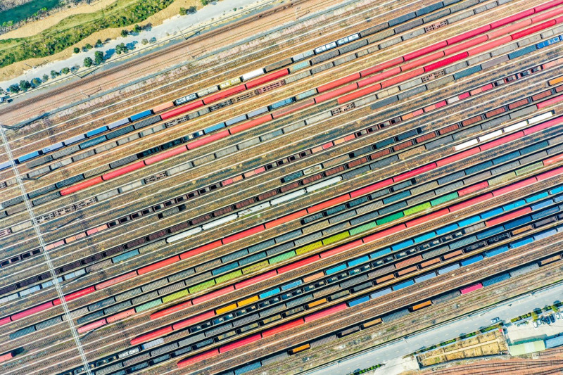 Aerial View Of Colorful Freight Trains In North China