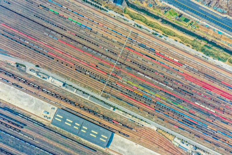 Aerial View Of Colorful Freight Trains In North China