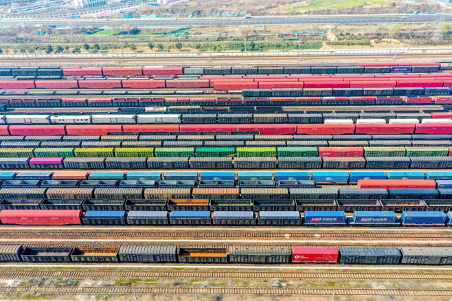 Aerial View Of Colorful Freight Trains In North China