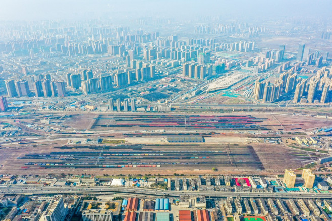 Aerial View Of Colorful Freight Trains In North China