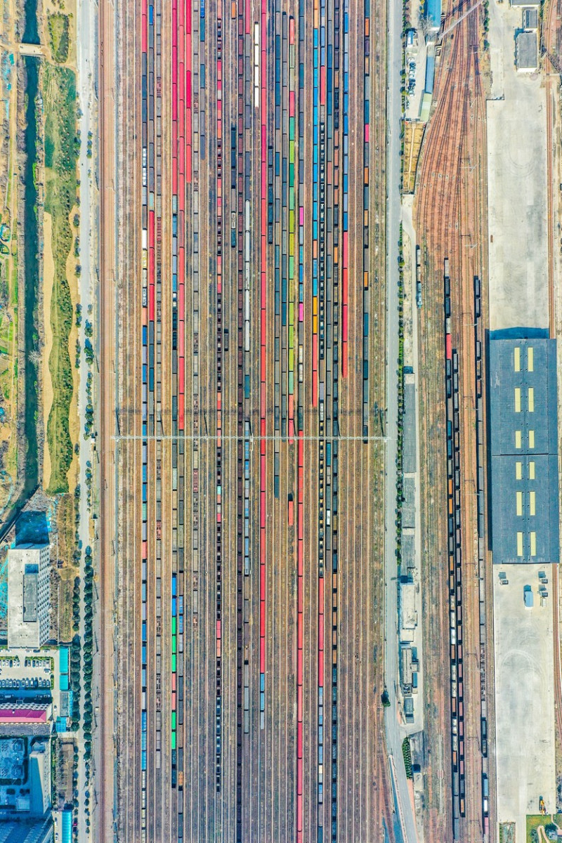 Aerial View Of Colorful Freight Trains In North China