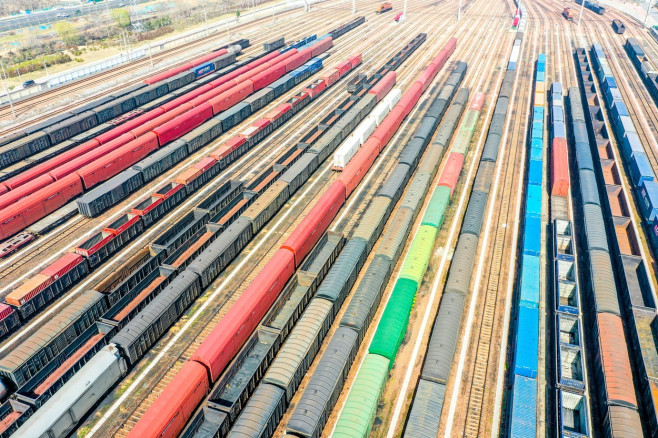 Aerial View Of Colorful Freight Trains In North China