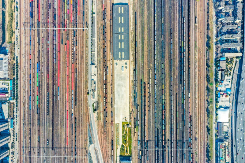 Aerial View Of Colorful Freight Trains In North China