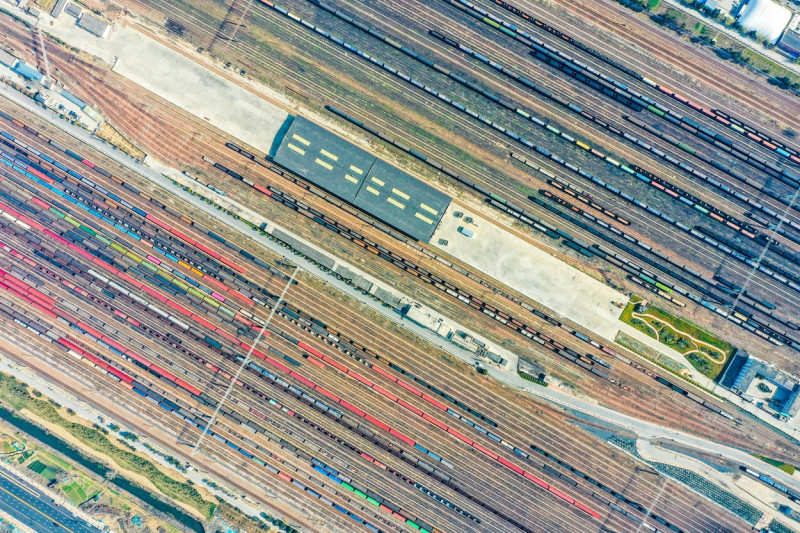 Aerial View Of Colorful Freight Trains In North China