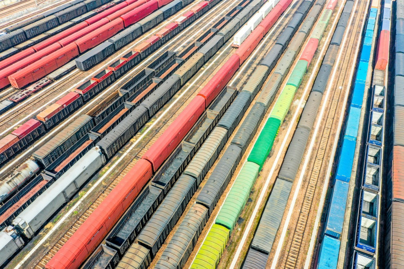 Aerial View Of Colorful Freight Trains In North China