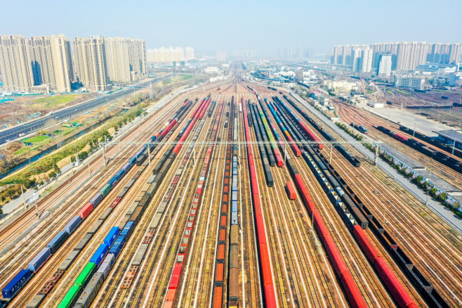 Aerial View Of Colorful Freight Trains In North China