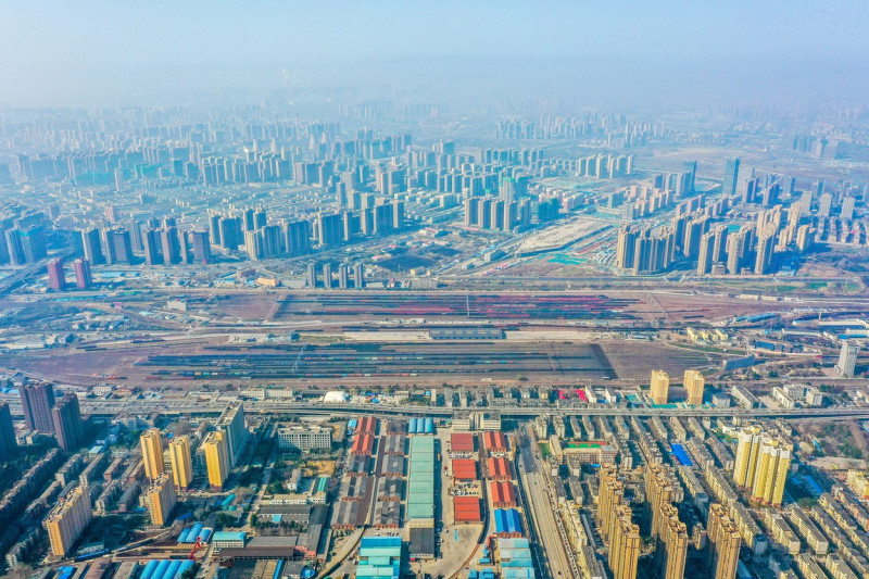 Aerial View Of Colorful Freight Trains In North China