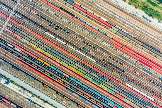 Aerial View Of Colorful Freight Trains In North China