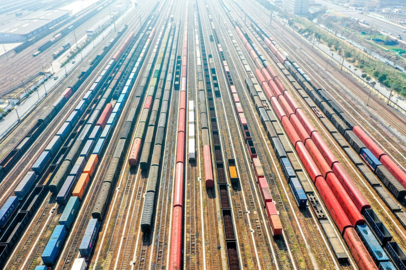 Aerial View Of Colorful Freight Trains In North China