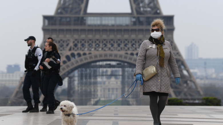 femeie cu masca si cu catel in fata turnului eiffel din paris