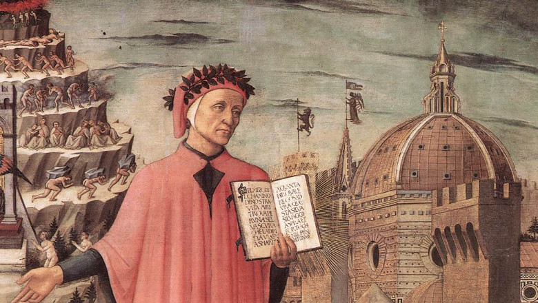 Dante Alighieri într-o pictură a lui Domenico di Michelino din anul 1465.