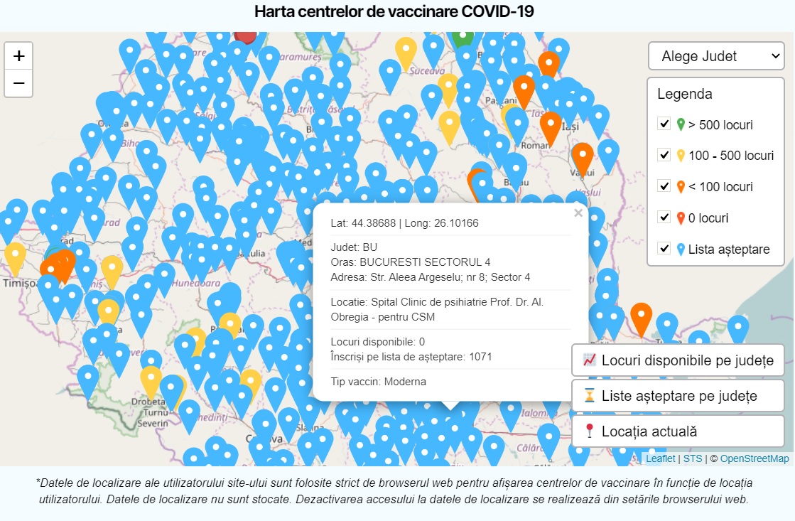 Platforma de vaccinare afișează de astăzi tipurile de vaccin din fiecare centru. Harta interactivă a centrelor de vaccinare