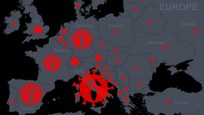 harta europei cu puncte rosii in functie de cat de afectate au fost tarile de pandemie