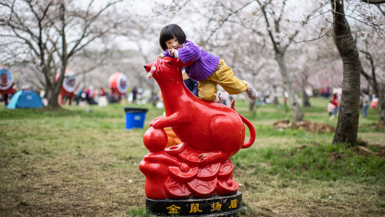 o fetita se urca pe o jucarie intr-un parc china