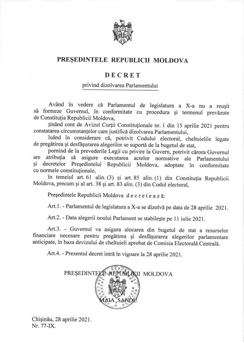 decret dizolvare parlament chisinau