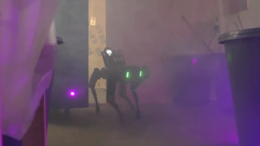 Un caine-robot intră într-o încăpere.