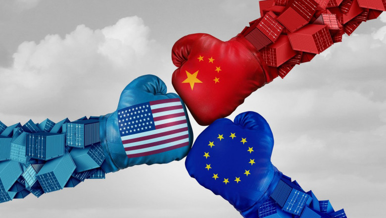 Europe, China and America flags boxing gloves