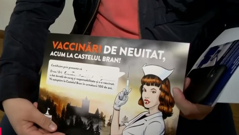 diploma de vaccinare la castelul bran are un desen cu o asistenta cu seringa in mana si colti de vampir