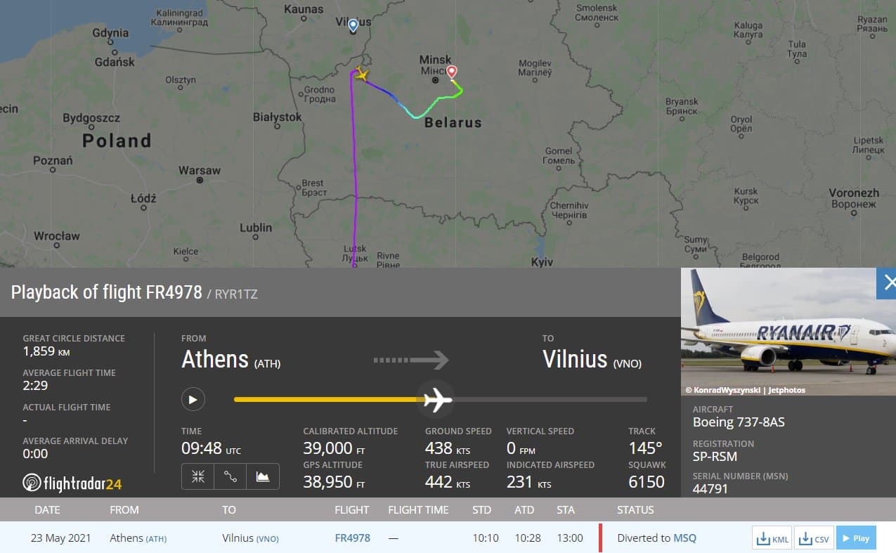 Amenințarea cu bombă, folosită de Belarus ca pretext, a fost trimisă pe email după ce avionul a fost deturnat