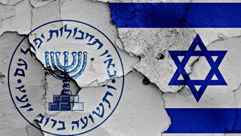 Stema Mossad, alături de steagul Israelului