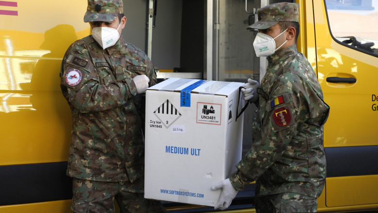 Doi militari descarcă din mașină cutii u vaccinuri.