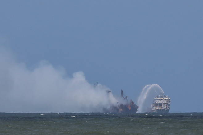 Aftermath of the explosion on a Singapore-flagged container ship