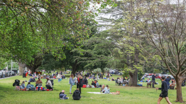 Oameni în parc stau pe iarba
