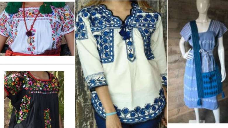bluze traditionale din mexic in stanga si centru, rochie traditionala din mexic in dreapta
