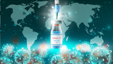 ilustrație seringă alături de o doza de vaccin anti-covid, cu harta lumii pe fundal și viruși