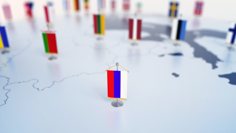 Flag of Russia in focus among other European countries flags