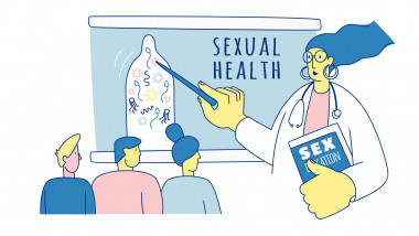 desen care ilustreaza educatia sexuala, o profesoara explica un prezervativ desenat pe o tabla