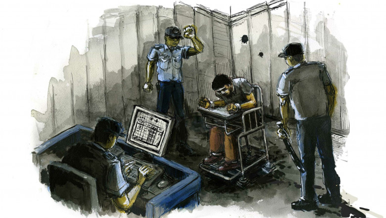desen ilustrand tigerchair, un instrument de tortura in lagarele chinezesti impotriva uigurilor