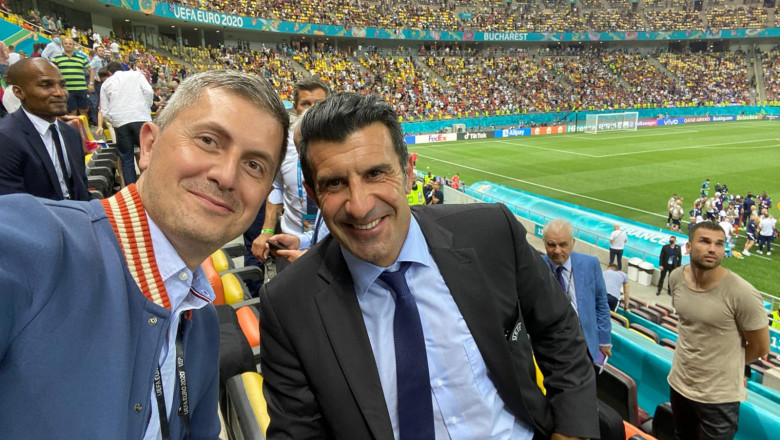 Vicepremierul Dan Barna, alături de Luis Figo, pe Arena Națională, la meciul Franța - Elveția.