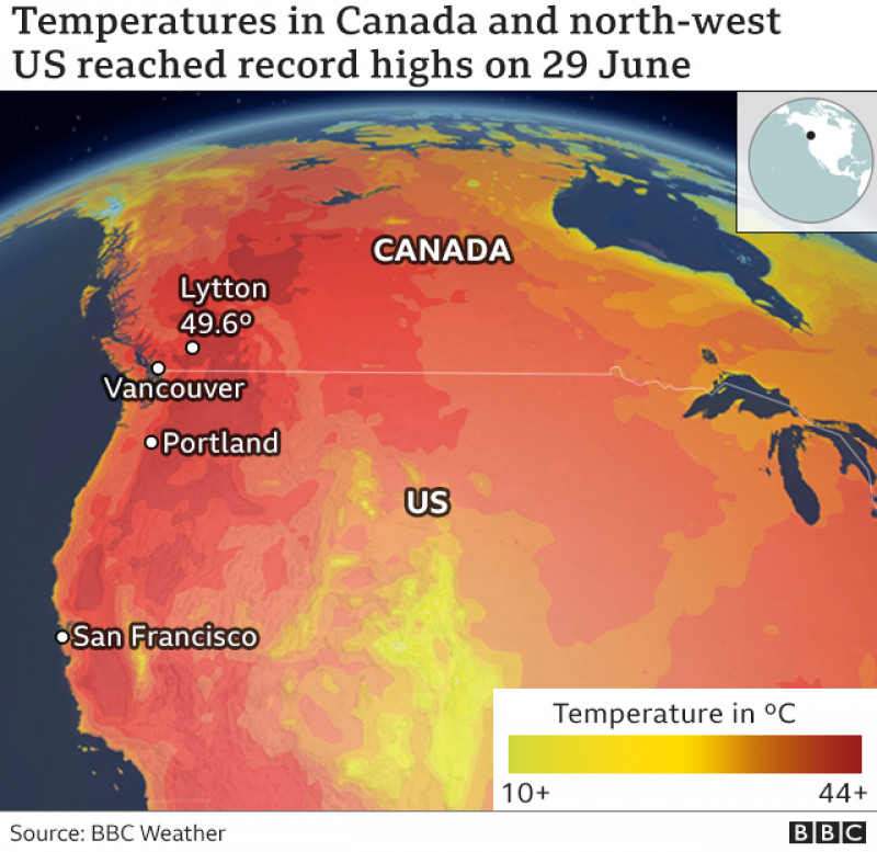grafic BBC News cu valul de căldură din America