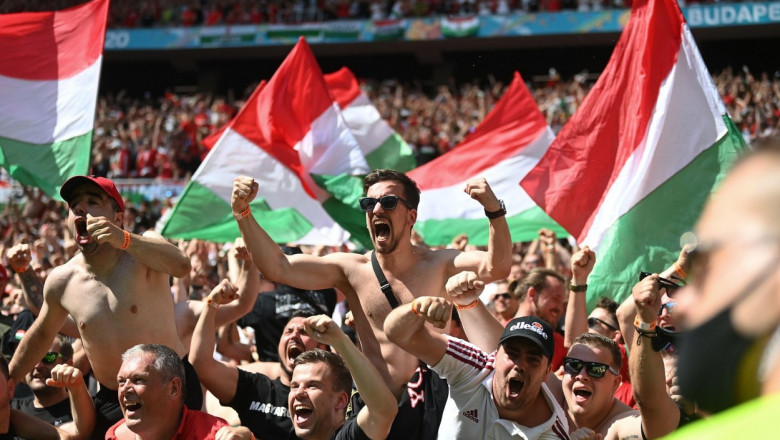 Fani maghiari în tribunele stadionului din Budapesta.