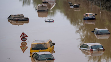 Cars stand in the water on the flooded federal highway 265, In North Rhine-Westphalia