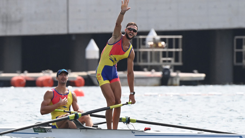 Marius Cozmiuc and Ciprian Tudosa celebrate winning silver in the men's pair final during the Tokyo 2020 Olympic Games