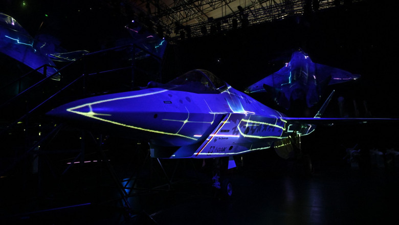 A prototype of Russia's new Sukhoi Checkmate Fighter is on display during the presentation at the MAKS 2021 International Aviation and Space Salon