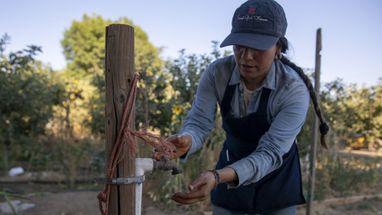 Very little water comes out of a spigot at Liset Garcia's Sweet Girl Farms stand where a well went dry last month