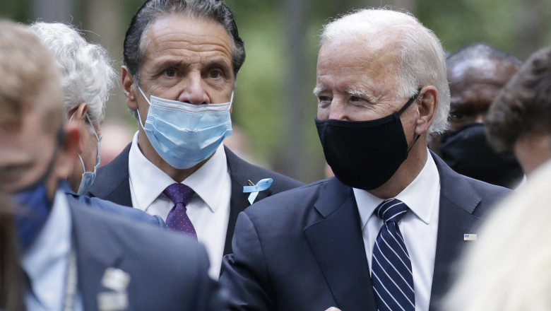 Democratic candidate for president Joe Biden and New York Governor Andrew Cuomo arrive at the 9/11 Memorial in Lower Manhattan near One World Trade Center