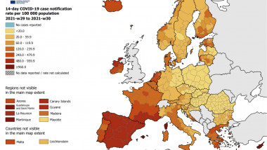 Hartă cu regiunile din Europa colorate în funcție de incidența cazurilor de coronavirus înregistrate în săptămâna care s-a încheiat cu data de 1 august 2021