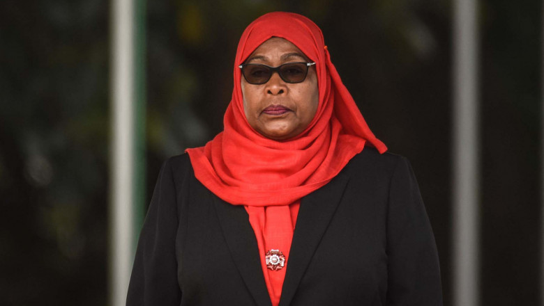 Tanzanian President Samia Suluhu Hassan in red scarf