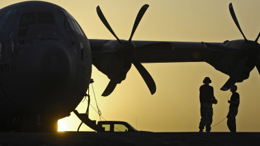 RAF C-130 Hercules taxis across desert Helmand Province, Afghanistan