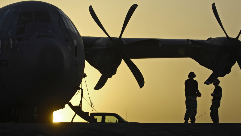 RAF C-130 Hercules taxis across desert Helmand Province, Afghanistan