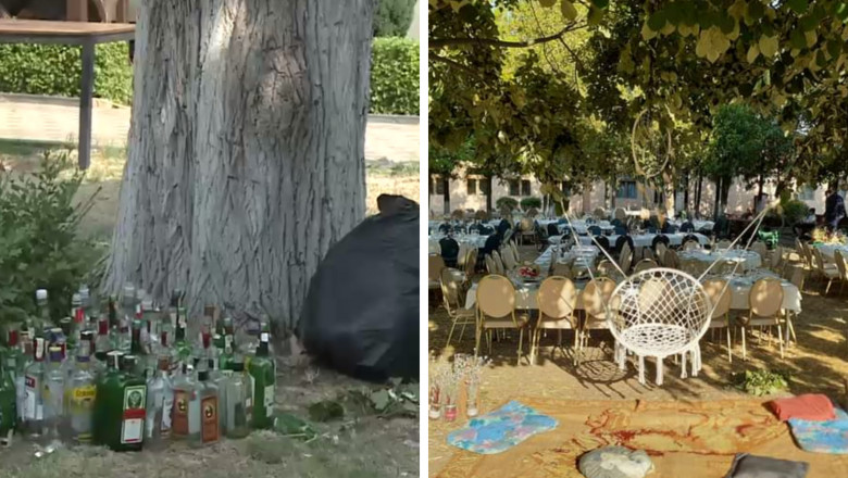 Imagini cu sticle goale rămase după o nuntă.