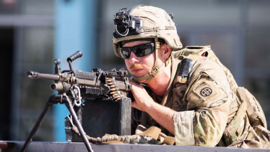 A U.S soldier from the XVIII Airborne Corps in position guarding the at Hamid Karzai International Airport in Kabul, Afghanistan, on Aug 27, 2021.