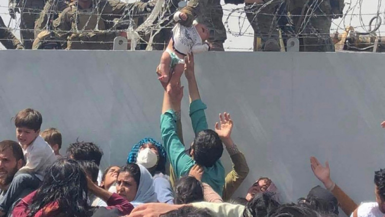 un bebelus este ridicat din bratele parintelui si tras sus de pe un zid de soldati americani