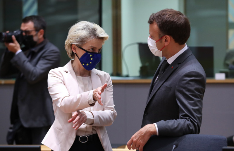 Belgium, Brussels: European Council. Christine Lagarde (President of the European Central Bank) and Emmanuel Macron (President of France)