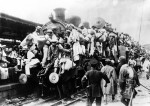Japan: Scene of destruction in Tokyo after the Great Kanto Earthquake of 1923. Crowds of refugees struggling to board a train to escape the devastation